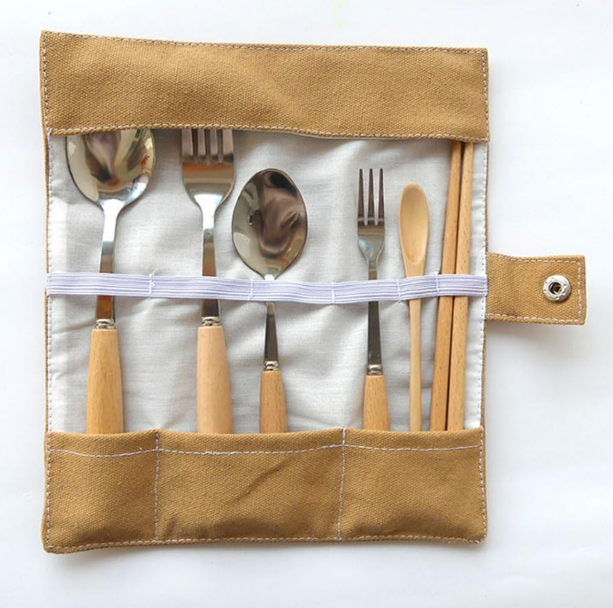 Portable Roll-Up Tableware Bag – 2-Piece Set (Khaki) - Image 2