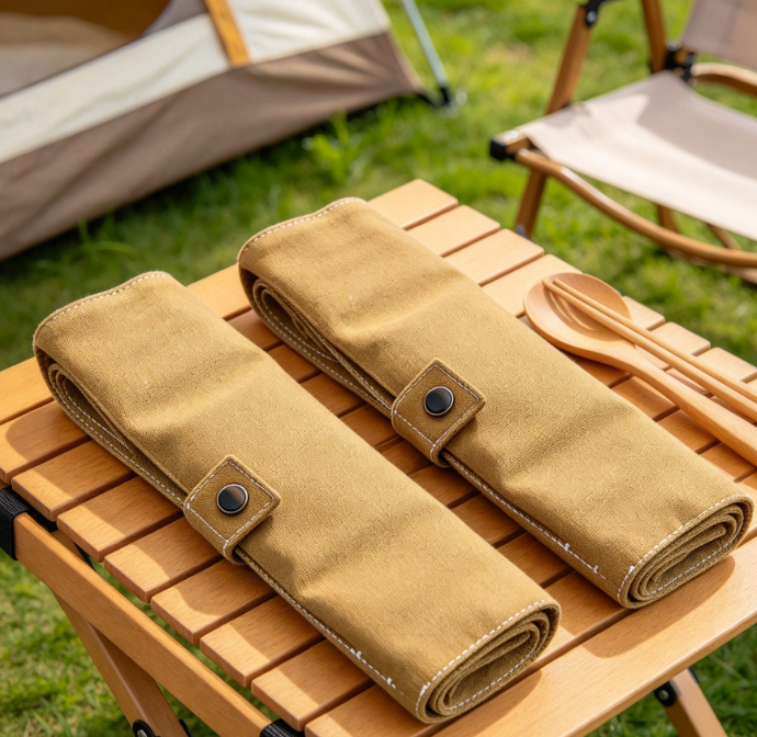 Portable Roll-Up Tableware Bag – 2-Piece Set (Khaki)
