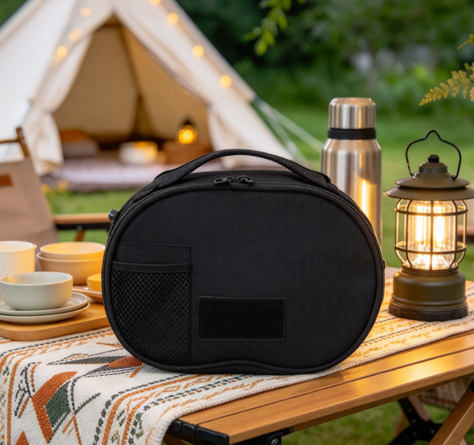 Thickened Round Outdoor Tableware Bag with Handle (Black) - Image 2