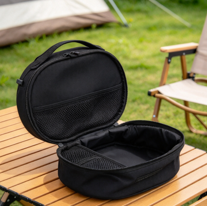 Thickened Round Outdoor Tableware Bag with Handle (Black)