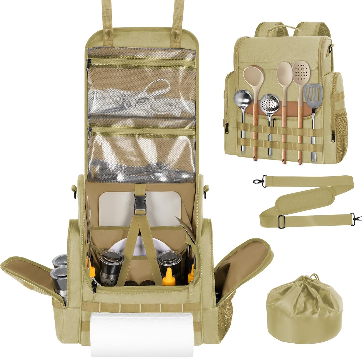 Large Camping Kitchen Organizer, Includes Paper Towel Holder, Khaki