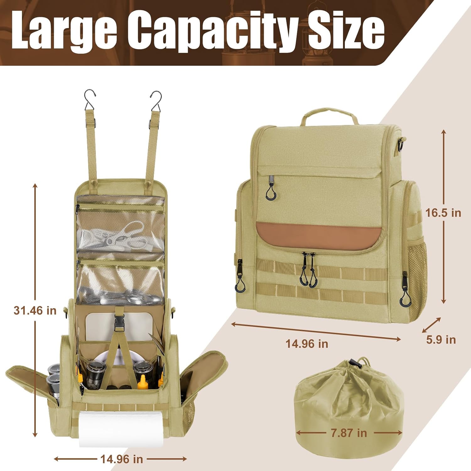 Large Camping Kitchen Organizer, Includes Paper Towel Holder, Khaki - Image 2