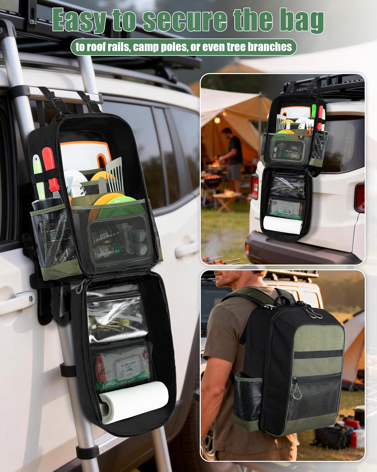 Camping Kitchenware Backpack, Includes Paper Towel Holder, Black - Image 2